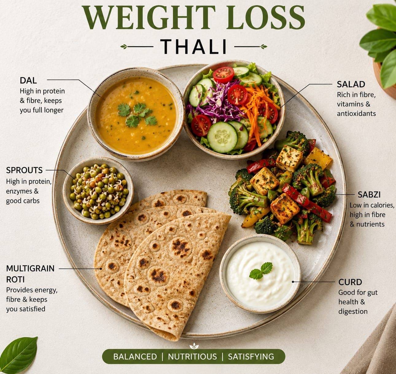 Go Moringa healthy thali — a balanced Indian plate: protein-rich dal, fibre-rich salad, sprouts, low-calorie sabzi, multigrain roti and gut-friendly curd, each component labelled